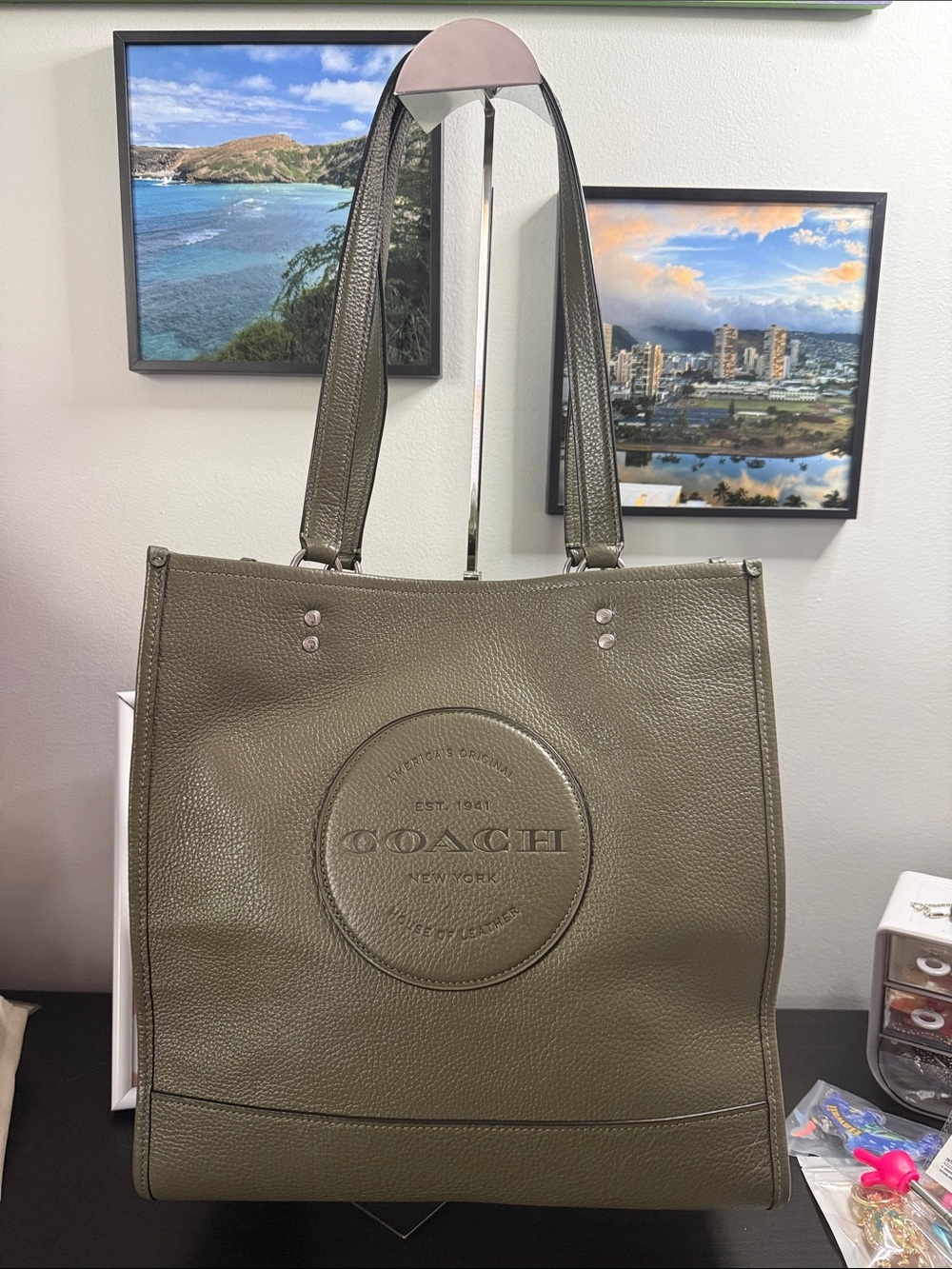 COACH Dempsey Olive Green Pebbled Leather Tote Bag